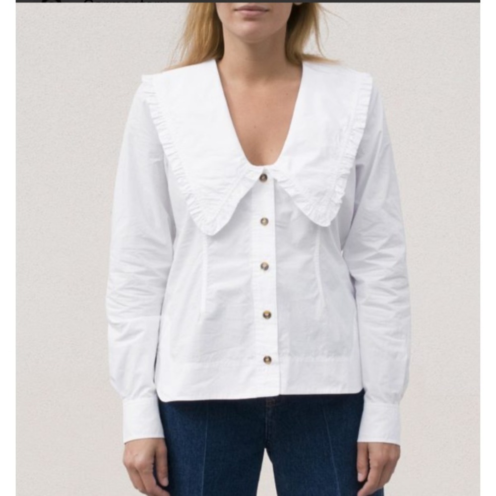 Ganni Poplin V Neck Shirt Women 34‎ White Organic Cotton Ruffle Peter Pan Collar